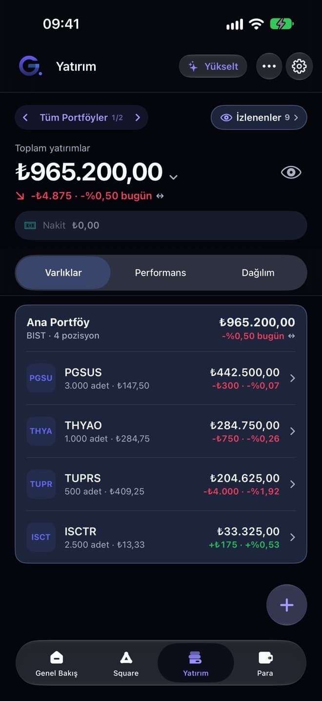 Galata Finance investments screen